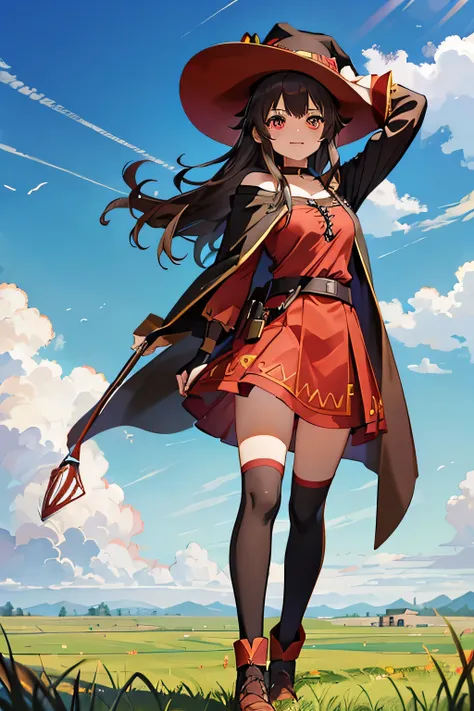 anime girl with brown hair and a red top and skirt with a witch hat and cape in public. She also wears a black cloak with a gold border, choker, wizards hat, fingerless gloves, and a black wizard staff, bandages on right left till knee, and one knee high s...