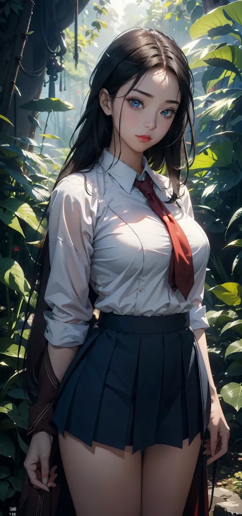 1 female，Large Breasts（background：In the woods，Rainforest，In the summer，oxygencean） She has short black hair，，Straight Hair，red lips，stand，Front view， oxygen， gloomy sky，（（（masterpiece），（Highly detailed CG in Nity 8k wallpaper），最oxygen质量，Light，详细background...