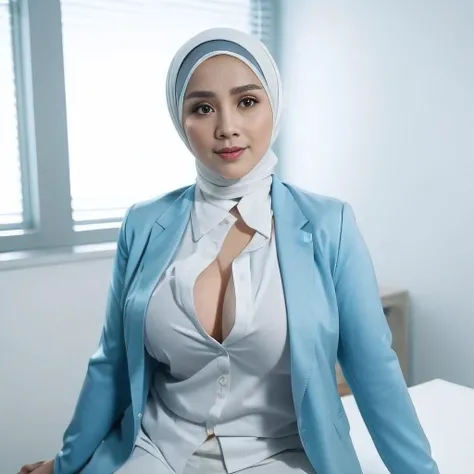 56 Years Old, ((Beautiful Hijab Nerdy Indonesian Mature woman)), White Porcelain skin, (Huge Tits) Curvy body, wearing Blazer, ((Tight Unbuttoned Blazer)), ((No Bra)), (Curvy Body), Full body shot, Professional Photoshot, Professional High Lightning, At Da...