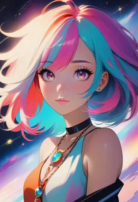 a close up of a woman with colorful hair and a necklace, anime girl with cosmic hair, rossdraws pastel vibrant, artwork in the style of guweiz, fantasy art style, colorful]”, vibrant fantasy style, rossdraws cartoon vibrant, cosmic and colorful, guweiz, co...