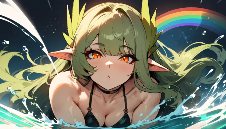 1girl, muelsyse (arknights), arknights  masterpiece, best quality, very aesthetic, absurdres, newest  simple background, space background. bikini, greenery, water, orange eyes,elf ears, slim body,///// ,by nyantcha, cutesexyrobutts, by khyle,,////// 18 yea...