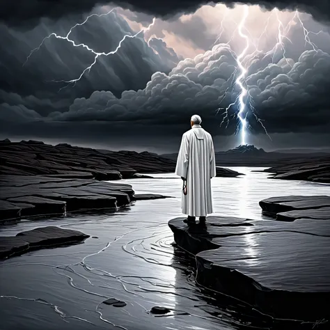 ((Liquid Metal Art)), the painting is painted with liquid metal on textured paper and depicts a beautiful minimalistic landscape with a White Priest of Light standing on a lonely rock, Liquid Metal White Priest of Light looks ominous and gloomy, in the bac...