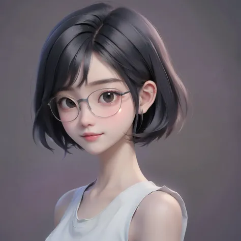 ((best quality)), ((masterpiece)), (detailed), perfect face. Asian girl. Smile. Black hair. Short hair. Tanktop. Small breast. Glasses.