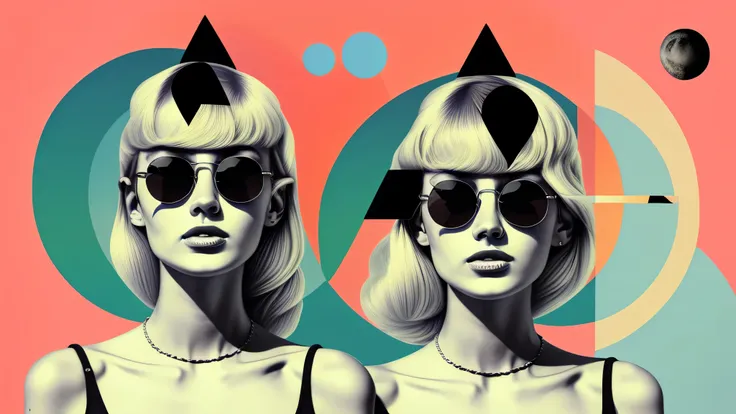 There is a triangle and a crescent moon above his head.、One blonde European woman wearing sunglasses with green circles on light blue background