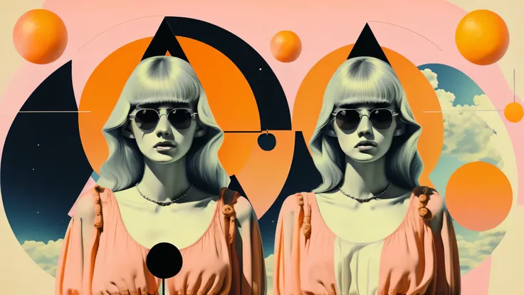 There is a triangle and a crescent moon above his head.、Blonde European woman wearing sunglasses on a pink background with orange circles