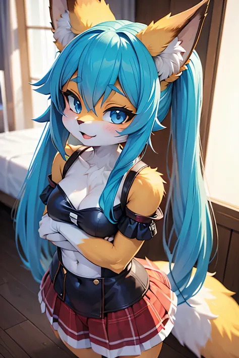 garota anime com cabelo azul e saia rosa com orelhas de gato, cabelo twintail azul e olhos ciano, 3d rendering of a cute anime g...