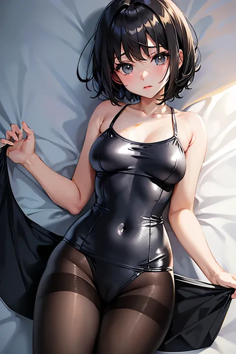 Erica、Pokémon、Black Hair、Short Hair、((pantyhose))、Photo from below、Medium chest、Bedroom、One girl、((Swimsuit))、leotard