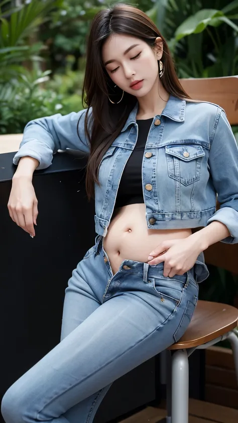 (photorealistic),(masterpiece),(ultra-detailed),a very pretty and sexy 20 year old girl holding more than liters of pee, wearing crop bubble jacket and skin tight denim jeans, lower abdomen part of the tight black jeans bulging from full bladder as sphere ...