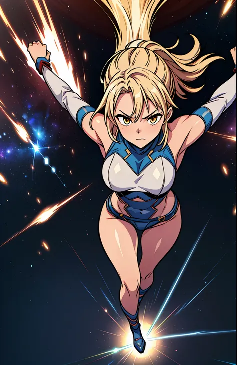 1 massive fist, Full Bare female, thigh up shot, dynamic pose, large fist for viewer, in cosmic space, shining dust wave, melting wear, speedy move effect, colorful energy, sparking arms, deep impact, ((from above)), (high quality, high resolution, masterp...