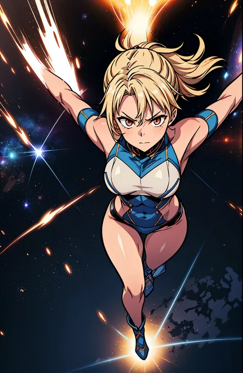 1 massive fist, Full Bare female, thigh up shot, dynamic pose, large fist for viewer, in cosmic space, shining dust wave, melting wear, speedy move effect, colorful energy, sparking arms, deep impact, ((from above)),