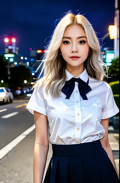 (10, RAW photo, bestquality, skill:1.3),(Realistic,photo-realistic:1.37),(nighttime),(look viewer:1.331),(White Hair),posed,Tokyo street,night scenery,Cyberpunk City,Soft light, 1girls, Very beautiful face.., Perfect body proportions, Focal Length, chesty,...