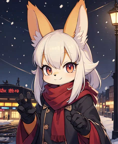 (by wamudraws, by b-epon, by exed eyes:1.25), anthro (fennekin:1.25), red scarf, detective cloak, standing, smile, waving at vie...