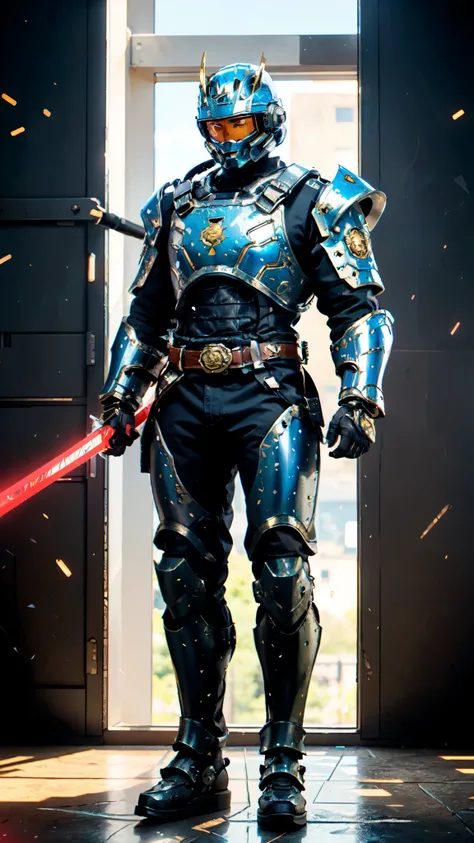 A man wearing a full-face helmet, a fantasy-style biotech armored combat suit, green eyes, (a composite layered chest armor), fully enclosed shoulder guards, matching arm and leg guards, the belt is adorned with Sunstone, (the color scheme is primarily Aqu...