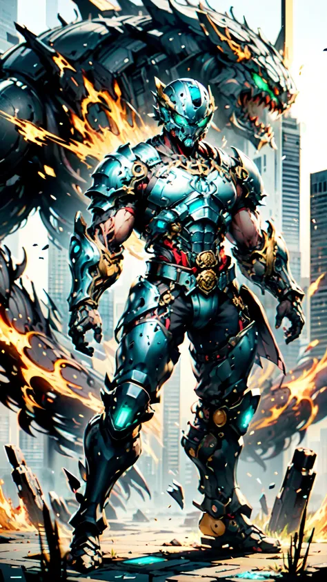 A man wearing a full-face helmet, a fantasy-style biotech armored combat suit, green eyes, (a composite layered chest armor), fully enclosed shoulder guards, matching arm and leg guards, the belt is adorned with Sunstone, (the color scheme is primarily Aqu...