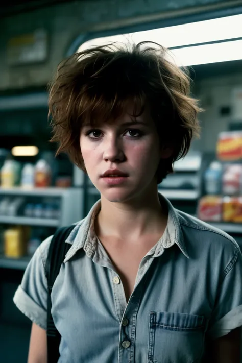 eighteen-year-old molly ringwald, frowning, with messy/shaggy razored/layered haircut with sideswept bangs, wearing acid-washed ...