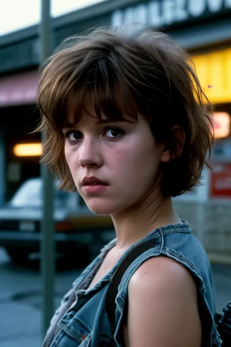 eighteen-year-old molly ringwald, frowning, with messy/shaggy razored/layered haircut with sideswept bangs, wearing acid-washed ...