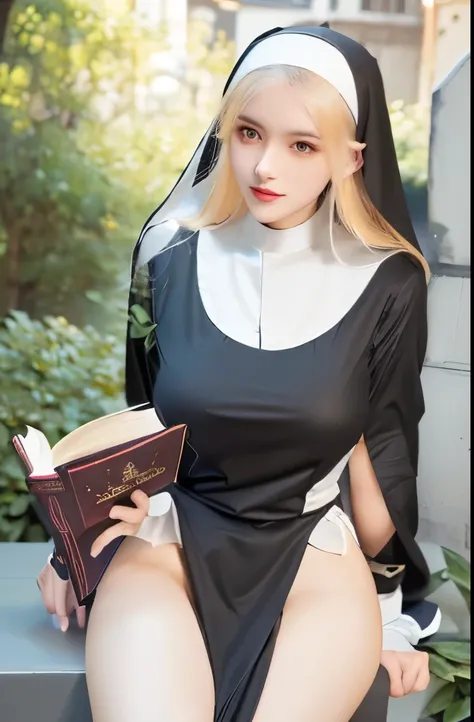  picture of a nun with a book in her hand, nun outfit, nun, nun fashion model, dressed like a cleric, at pixiv, top rated on pixiv, extremely detailed artgerm, commission for high res, oc commission, artbook artwork, seductive  girl, high quality fanart, v...