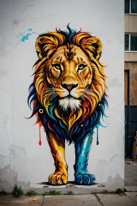 Paint an urban graffiti of a majestic lion in an abstract and colorful style.