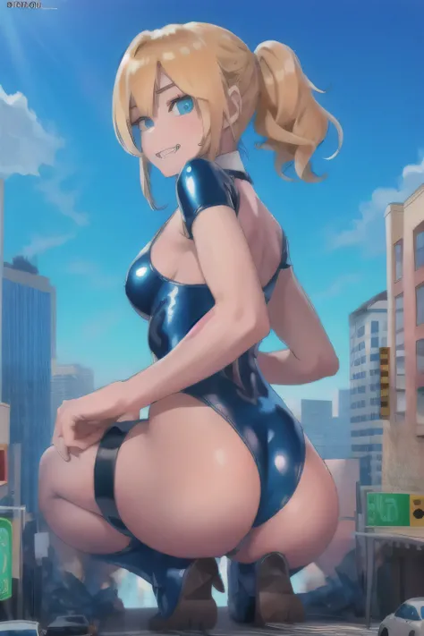 high quality, the masterpiece (one girl) cute face, A smirk with teeth on his face, blonde hair with two short ponytails. Blue Eyes -Youth children, age 14, latex suit, sexy, gtscity, Tiny Town. Cars and crowds of people. (((From Behind))) A girl taller th...