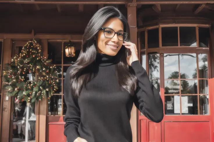 A beautiful Brazilian woman with white, tanned skin and medium-length dark hair, loose hair, wearing glasses, wearing a black turtleneck sweater, a beige bag hanging on her shoulder, in front of the T-Rex restaurant at Disney Spring in Orlando, in the USA,...