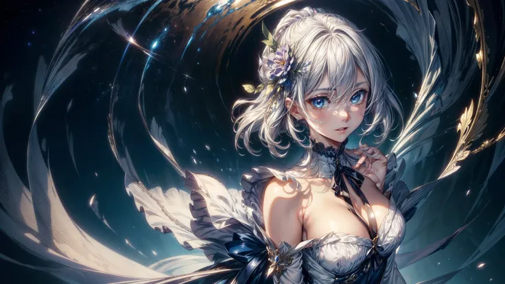 Aim from above、official art, European masterpiece women,, pale silver hair , deep blue eyes, (masterpiece、highest quality、High resolution: 1.4),In 8K, anime art nouveau, Highly detailed exquisite fan art, anime fantasy illustration, clean detailed anime ar...