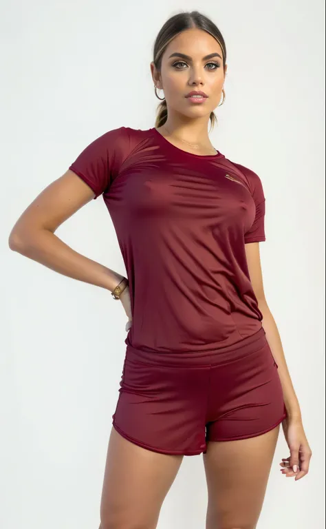 uma mulher com blusa marrom e shorts posando para uma foto, treinar com marrom, sport Camiseta, violet coloured Camiseta, camisa magenta, red Camiseta, Camiseta vermelha, red roupas esportivas, roupas esportivas, white Camiseta with red sleeves, vermelho m...