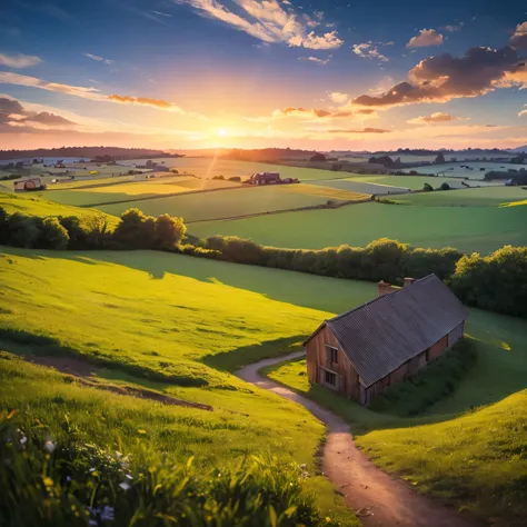 seen from afar, epic movie scene, a 60-year-old couple, woman in a long skirt and man in pants, walking hand in hand with their 5-year-old daughter, in the distance, towards the brick house on the Brazilian farm, dirt road, green fields around clean, illum...