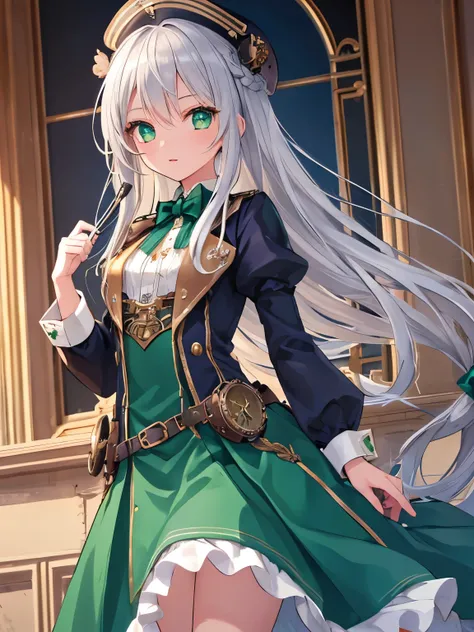 girl,masterpiece, High resolution, highest quality, Super detailed,Long Hair,Braided sides,Silver Hair,Navy blue accent,Emerald green eyes,Steampunk costumes,A little short in height,The chest is a little small