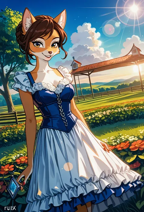 anime key visual, highres, High-quality illustrations, unparalleled masterpiece(movie of life)nature inspired imagery, romanticized views, lively illustrations, whimsical cartoonish, farm, Blue sky, clouds, florals Beautiful garden(furry anthro, solo, girl...