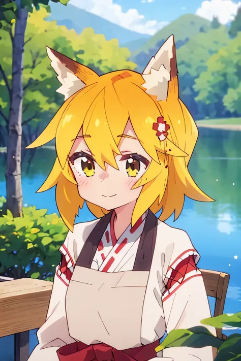 a girl with yellow hair and a smile with fox ears surrounded by a forest and behind her a lake