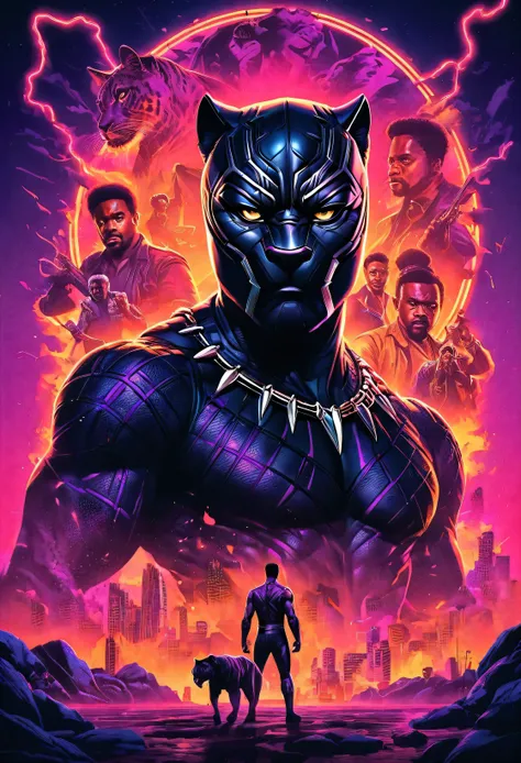 Black panther, tarantino style film cover, film poster,retro,gritty,grindhouse,cult classic,eccentric characters,dark humor,neon lights,vibrant colors,twisted narrative,plot twists,action-packed,stylized violence,larger-than-life,80s vibe,gritty textures,f...