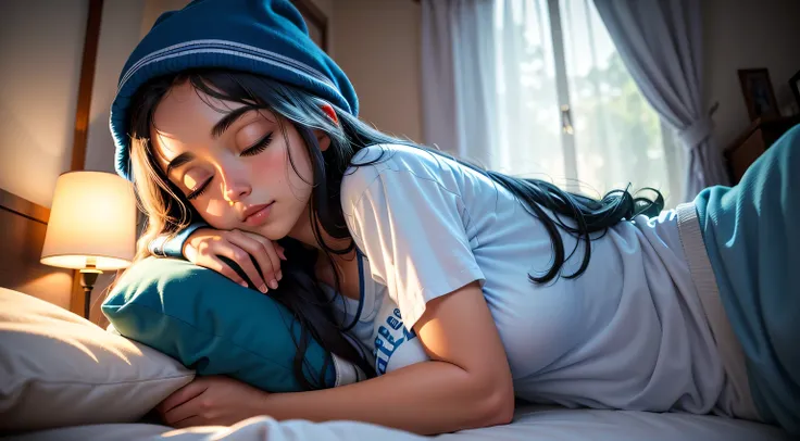 Imagine um suave, comforting illustration of a cute girl was sleeping in a comfortable bed, Olhos fechados, camiseta azul. long flowing hair. Quarto escuro, except for the soft light emanating from a bedside lamp near the bed, That casts a warm glow on you...