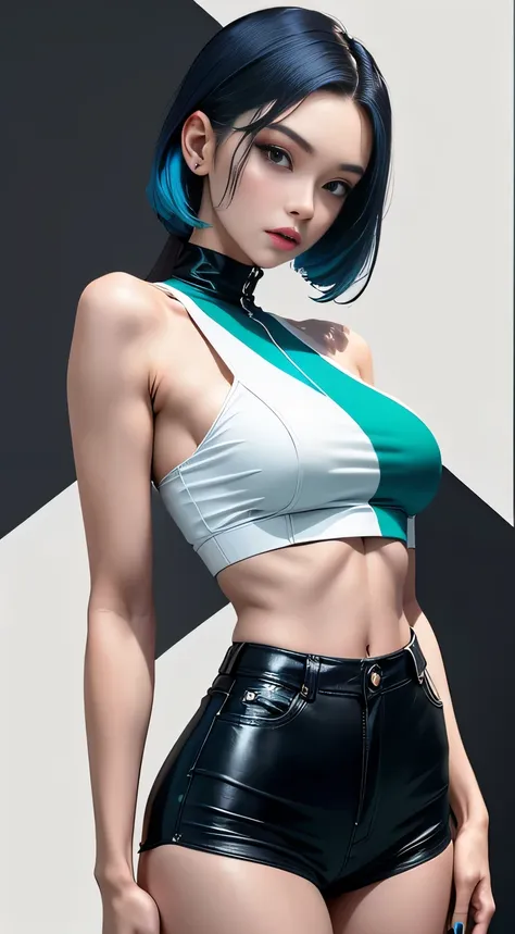 sfw, generate an image featuring a woman with striking teal-colored hair, dressed in a stylish ensemble consisting of a white cr...