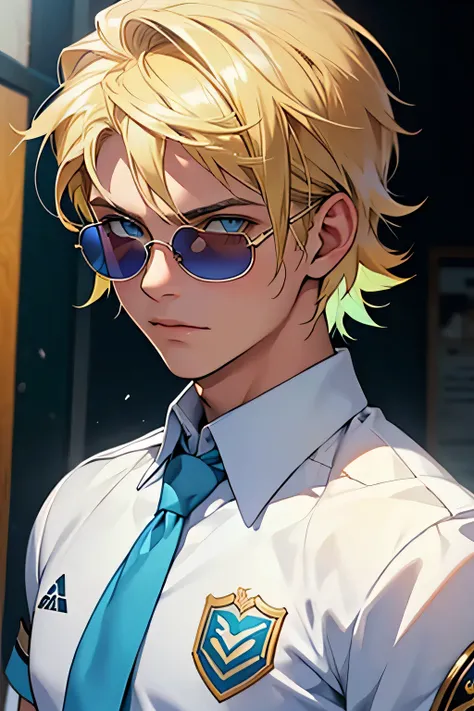 jovem de 16 anos, masculino, James, with her short blonde hair and light blue eyes covered by sunglasses, vestia o uniforme escolar verde, ambiente sala de aula.