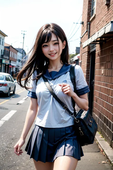 very cute and beautiful girl,(highly detailed beautiful face),(smile:1.2),blush,happy,looking at viewer, black hair,serafuku,(pleated navyblue mini skirt),standing,holding school bag, town street,front of brick wall,pink building, (best quality,masterpiece...