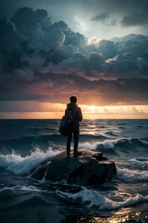 a young boy silhouetted against a sunset over an atoll island, a plush baby bird by his side, ominous storm clouds approaching, ...