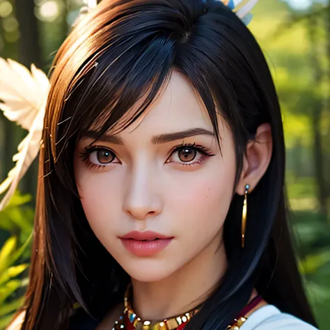 exact tifa lockhart face, exactly looking like tifa lockhart, realistic face of tifa lockhart in native outfits, (dressed in nat...