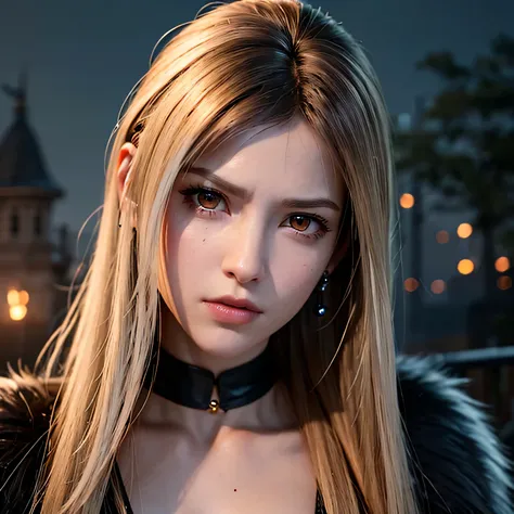 exact tifa lockhart face, exactly looking like tifa lockhart, realistic face of tifa lockhart, sitting on a stone leaning on a w...