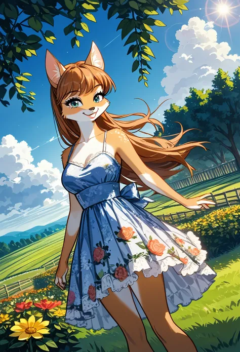 anime key visual, highres, High-quality illustrations, unparalleled masterpiece(movie of life)nature inspired imagery, romanticized views, lively illustrations, whimsical cartoonish, farm, Blue sky, clouds, florals Beautiful garden(furry anthro, solo, girl...