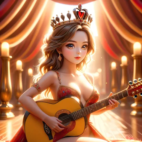 In a beautiful sunset, a queen is nude playing a guitar standing in the middle of a deep path. The scene is filled with a sense of nsfw tranquility and mystery. The queen is adorned with a crown and a flowing gown, exuding regal elegance Lys. Her eyes are ...