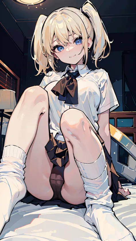 (8k、Best image quality、highest quality、masterpiece)、Detailed face、One girl、Blonde、short hair、Side Ponytail、Blue eyes、evil smile、Earrings、Large Breasts、((White collared shirt))、Short sleeve、((Black pleated skirt))、((white baggysocks))、((black panties))、sitt...