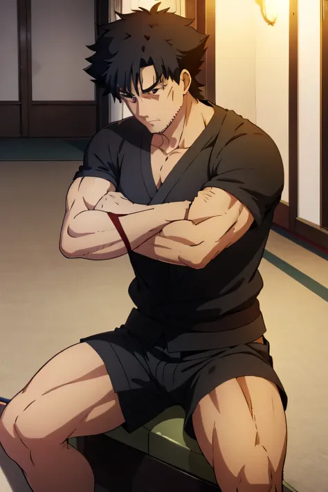 Kiritsugu is sitting and flexing his biceps. He wears black boxershorts. You can see his thighs. He looks stoic and serious. He has huge veins on his arms.