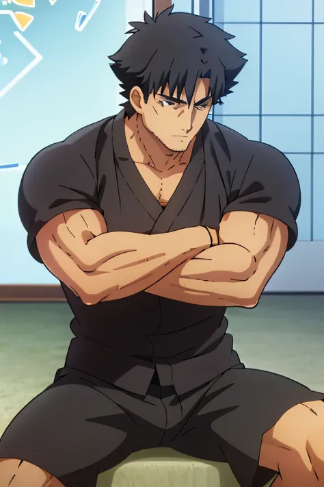 Kiritsugu is sitting and flexing his biceps. He wears black boxershorts. You can see his thighs. He looks stoic and serious. He has huge veins on his arms.