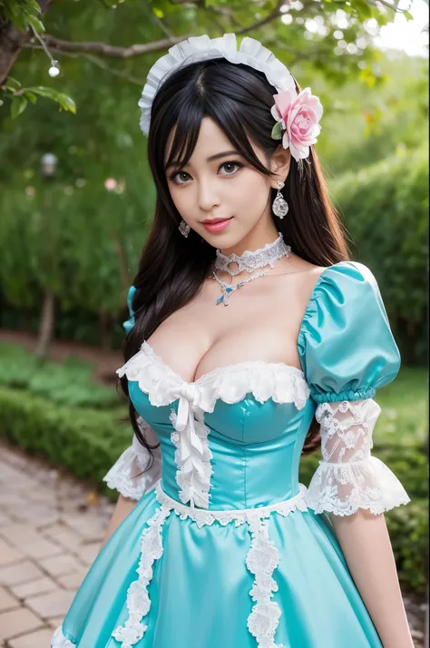 sexy stylish Spanish model, only 1 female, ((doll-like appearance)), full-body Esbian, beautiful smile, detailed eyes, lipgloss, long lashes, defined eyebrows, ((sexy Paradise Kiss cosplay)), bell-shaped skirt, petticoats, high neckline, puffed sleeves, de...