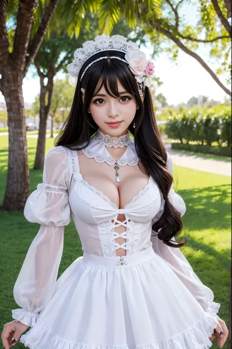 sexy stylish Spanish model, only 1 female, ((doll-like appearance)), full-body shot, beautiful smile, detailed eyes, lipgloss, long lashes, defined eyebrows, ((sexy Paradise Kiss cosplay)), bell-shaped skirt, petticoats, high neckline, puffed sleeves, deta...