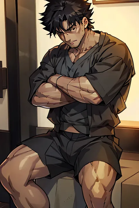 Kiritsugu is sitting and flexing his biceps. He wears black shorts. You can see his thighs. He looks stoic and serious. He has huge veins on his arms. He is shirtless.