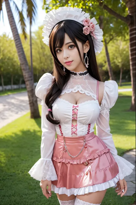 sexy stylish Spanish model, only 1 female, ((doll-like appearance)), full-body shot, beautiful smile, detailed eyes, lipgloss, long lashes, defined eyebrows, ((sexy Paradise Kiss cosplay)), bell-shaped skirt, petticoats, high neckline, puffed sleeves, deta...