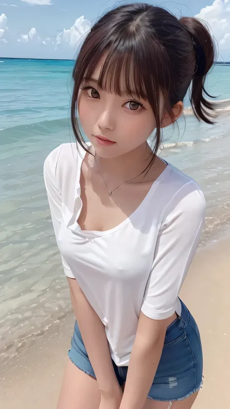 One Girl, (Beautiful girl, Delicate girl:1.3), (15 years old:1.3),
break, (Dark Skin:1.3), (White shirt, No sleeve:1.2), Shorts,
break, (Beach:1.3), (Leaning forward:1.3),
break, Very beautiful eyes, (Symmetrical eyes:1.3),
break, Small breasts, Brown eyes...