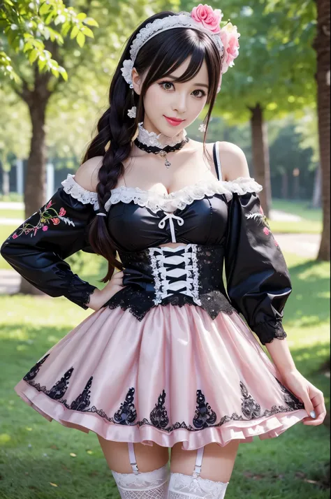 sexy stylish Swedish model, only 1 female, ((doll-like appearance)), full-body shot, beautiful smile, ultra detailed eyes, vivid eye makeup, lipgloss, long lashes, defined eyebrows, ((sexy Paradise Kiss cosplay)), bell-shaped skirt, petticoats, high neckli...