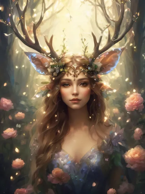 woman with a deer head and flowers in her hair, beautiful fantasy portrait, beautiful fantasy style portrait, fantasy portrait, fantasy portrait art, beautiful fantasy art, fantasy style portrait, queen of the forest, portrait of a fairy, magical queen of ...